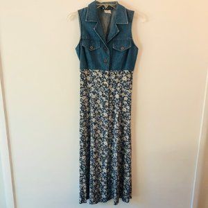 90s Denim and Ditsy Floral Babydoll 90s Maxi Dress